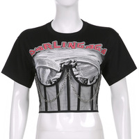 Maßgeschneidertes Netz-Patchwork Bedrucktes Crop Top Damen Punk-Stil Ketten Bandage Kurzarm Baumwoll-T-Shirts Schwarze Nabel-Tops Gothic Tees