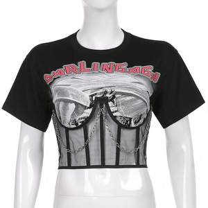 Custom Mesh <b>Patchwork</b> Printed Crop <b>Top</b> Women Punk Style Chains Bandage Short Sleeve Cotton T-shirts Black Navel <b>Tops</b> Gothic Tees - Product Image 3