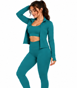 Wholesale Custom 3 Piece Yoga Set Women Gym Fitness <b>Workout</b> Leggings Crop Top <b>Jacket</b> Soft Stretch Quick Dry Activewear Sports - Product Image 4