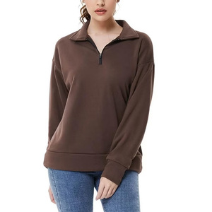 Women's <b>Brown</b> Asymmetric Zipper Long Sleeve Sweatshirt Knitted Spandex Polyester Casual Turn-down Collar Autumn Wear - Product Image 4