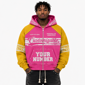 Sweat à capuche zippé personnalisable avec motif graphique, en molleton épais bicolore vintage 100% coton, style streetwear Y2K pour homme, haut orné - Product Image 3