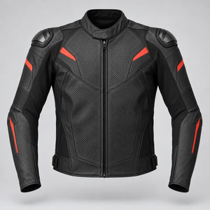 Chaqueta de Motociclista de Cuero Perforado Negra para Hombre con Detalles Rojos, Ropa de Verano Transpirable para Motociclismo - Product Image 1