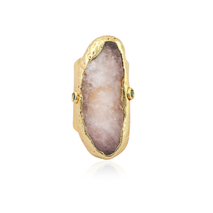 Hip hop jewelry natural uncut raw rose quartz with emerald <b>cz</b> adjustable <b>ring</b> brass 18k gold plated hammered texture band <b>rings</b> - Product Image 1