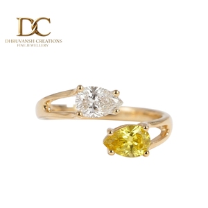 Bague ajustable en or jaune massif 14 carats avec diamant de laboratoire et saphir jaune, certifiée IGI, bijoux pour femmes - Product Image 1