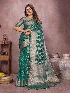 Heritage Soft Organza Silk Ethnic Saree With Woven Butti Pattern Gold Zari Border Unstitched Blouse Regional Clothing - Product Image 6