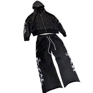 Ensemble de survêtements tendance pour hommes avec fermeture éclair, style streetwear, 100 % coton, effet délavé au soleil et délavé à l'acide, comprenant un sweat à capuche zippé et un pantalon de survêtement - Product Image 2