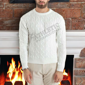 Ropa de hombre, suéteres de cuello redondo en Color blanco, lana personalizada, Material de algodón, ropa de invierno transpirable, diseño OEM/ODM, suéter de hombre - Product Image 3