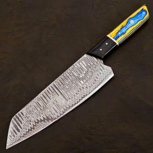 Damascus Steel Knife With Yellow Blue Handle And <b>Black</b> Sheath - Product Image 4