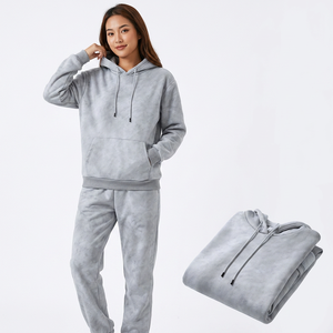 Ensemble de survêtement unisexe gris uni à capuche 100 % coton, sweat-shirt et pantalon de survêtement décontractés, coupe ample longue, pour l'automne - Product Image 2