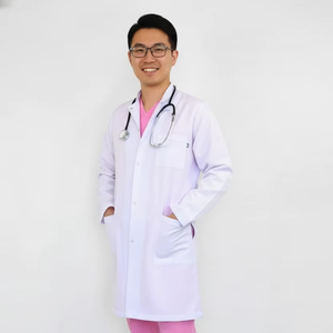 Tunique médicale élégante et professionnelle pour hôpital, blouse de médecin bleue à manches courtes, garniture rouge, fermeture éclair dissimulée sur le devant - Product Image 1