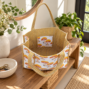 Sac fourre-tout matelassé en coton blanc et marron, imprimé champignons, pour femme, sac à bandoulière, sac de shopping réutilisable en tissu à ouverture supérieure - Product Image 4