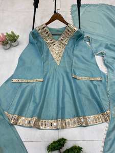 Conjunto de Top y Pantalones Plazzo de Tela Cosmos con Bordado de Espejo Real y Dupatta de Encaje Moti, Completamente Cosido, Tallas S, M, L, XL y XXL - Product Image 6