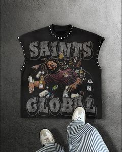 Custom Printed Graphic Design DTG 100% Premium Cotton Oversized Sleeveless Tank <b>Top</b> Men Boxy Fit <b>Rhinestone</b> Graphic Vest - Product Image 2