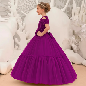 Vestido Morado de Boutique con Lentejuelas y Flores para Niña, Vestido de Terciopelo con Bordado de Manga Corta, Vestidos Morados para Cumpleaños de Niñas, Trajes Formales para Bodas y Fiestas - Product Image 3