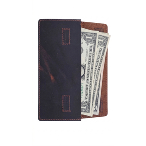 Genuine Leather Slim <b>Wallet</b> Unisex Minimalist Fold Closure Dark Blue Brown Two-Tone Design Daily Use - Product Image 1
