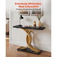 Mesa Consola Moderna Negra de 39 Pulgadas con Patas Metálicas, Rectangular Estrecha, con Detalles en Madera, Fácil de Montar, para Recibidor, Dormitorio, Sala de Estar, Mueble para el Hogar