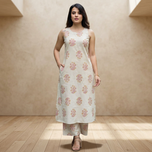 Kurti de Algodón con Estampado Floral Beige para Mujer, Corte Holgado, Largo hasta el Tobillo, Ropa Casual, Moda de India y Pakistán, Estilo Veraniego - Product Image 1