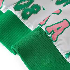 แจ็คเก็ตยีนส์ทรงบอมเบอร์ AKA 1908 สีชมพูเขียว ปักลายเชนีลตัวอักษรกรีก สไตล์วาร์ซิตี้สำหรับผู้หญิง คุณภาพพรีเมียม - Product Image 6