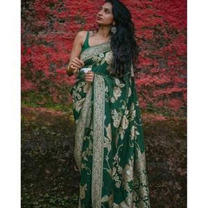 BROCADE EN SOIE FANTAISIE BANARASI AVEC SAREE DE TRAVAIL ZARI AVEC CHEMISIER NON COUDU VERT - Product Image 1