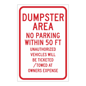 Señal de advertencia metálica Brady para exteriores, prohibido estacionar, para contenedores y áreas de recolección de residuos - Product Image 1