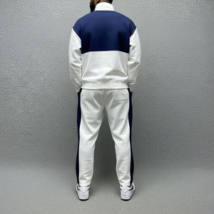Wholesale Men's Color Blocking Tracksuit Full <b>Zip</b> <b>Sweatshirt</b> With Drawstring Pants Casual Autumn Wear White Navy Cotton - Product Image 5