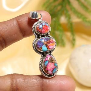 Latest Natural Oyster Turquoise Pink Spiny Turquoise Pendant 925 Sterling <b>Silver</b> <b>Necklace</b> for Women Boho Statement Pendant - Product Image 2