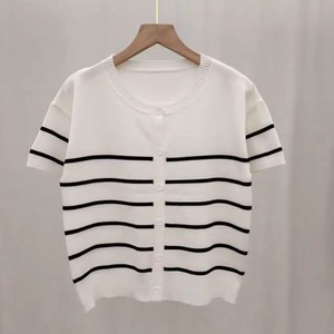 Cardigan en viscose rayé élégant pour femme, pull tricoté à manches courtes, col rond, boutonné sur le devant, idéal pour l'été et les superpositions - Product Image 2