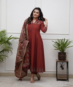 Women's Red Cotton Salwar Kameez Set Traditional Ethnic Wear <b>Ankle</b>-Length Regular Fit Party Wrinkle Free Reversible India - Product Image 1