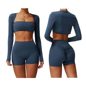 Conjunto de yoga de 2 piezas para mujer, transpirable, ajustado, con bordado, para fitness y gimnasio, efecto levantamiento de glúteos, manga larga, venta al por mayor - Product Image 4