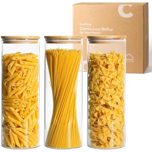 Set di 3 Barattoli in Vetro Trasparente da 2 Qt per Conservare Spaghetti e Pasta, con Coperchi Alti Ermetici in Legno, Contenitori per Alimenti da Cucina - Product Image 1