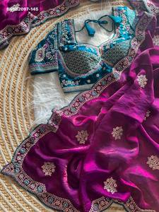 Premium Collection Fancy Satin Silk with Sequence work Butta All-Over & Multi-Thread Border <b>Saree</b>-<b>Readymade</b> <b>Blouse</b> Woman Fashion - Product Image 2