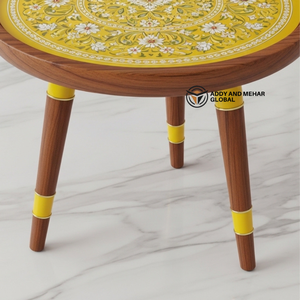 Modern Yellow Meena Design <b>Round</b> Wooden <b>Stool</b> – Artistic Home Decor Accent Furniture - Product Image 2