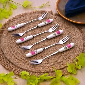 Chic <b>Set</b> of 6 Ceramic Ruffled Pink Forks Cute Metal and Wood Handle for Dinner Fruit and Dessert Use - Product Image 3