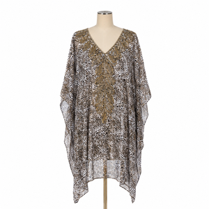Robe kaftan de luxe à imprimé léopard pour femmes |   Tunique de plage élégante à col en V ornée, coupe ample, style designer pour les vacances - Product Image 1