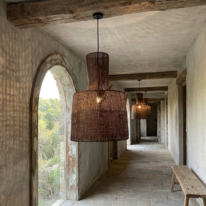 Rustic Asian Vintage Brown Woven Rattan Pendant <b>Light</b> <b>Shade</b> Handwoven Bamboo Mesh Indoor Hanging Ceiling Lamp Cover - Product Image 2