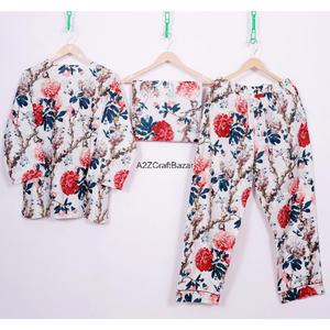 Ensemble de pyjama pour femmes à manches trois-quarts, col en V, imprimé floral romantique, luxueux, fait main, taille élastique, 100% coton, doux, hiver - Product Image 6