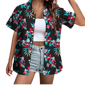 เสื้อเชิ้ตผู้หญิงลายตาข่ายพิมพ์ลายดอกไม้เรขาคณิตสไตล์ฮาวาย คอวี ทรงปกติ ผ้ายืด/เรยอน แขนสั้น สำหรับฤดูร้อน - Product Image 4