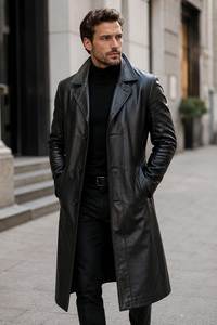 <b>Men</b> Genuine Leather Long <b>Trench</b> <b>Coat</b> Notched Lapel Single Breasted Overcoat With Pockets Regular Fit - Product Image 4