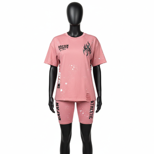 ชุดเสื้อยืดและกางเกงขาสั้นผ้าฝ้ายพรีเมียมสีชมพูอมเทา พิมพ์ลายสกรีนโลโก้ตามสั่ง สำหรับผู้หญิง ชุดเสื้อยืดและกางเกงขาสั้นผ้าฝ้าย 100% - Product Image 1