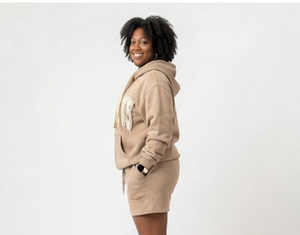 Women's Distress Embroidery Sweat Short Set Casual Winter Long Sleeve Drop Shoulder 100% Cotton Fleece Oversize Sweat Short Set - Product Image 3