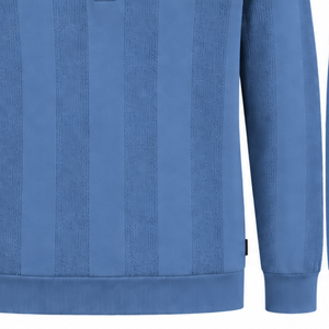 <b>Sky</b> <b>Blue</b> Mens Long Sleeve Knitted Polo Shirt Vertical Textured Stripe Design Ribbed Cuffs Premium Casual Pullover Fashion <b>Top</b> - Product Image 6