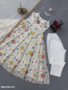 Traje Anarkali de Fiesta para Mujer, en Faux Georgette con Lentejuelas y Patrón de Hojas, sin Mangas, Largo, con Corte Acampanado - Product Image 5