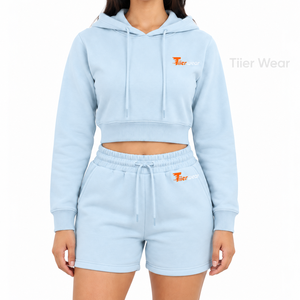 Conjunto de Sudadera con Capucha y Pantalones Cortos Azul Claro para Mujer, 2 Piezas, Traje Deportivo de Felpa con Cordón Ajustable, Transpirable, en Venta - Product Image 5