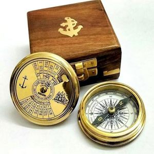 Antique Brass <b>Compass</b> Nautical Brass <b>Compass</b> and 100-Year Calendar Set with Wooden Box, Maritime <b>Navigation</b> Gift - Product Image 1