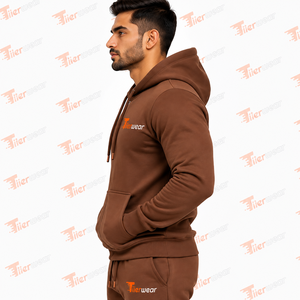 Ensemble de survêtement décontracté pour homme en molleton marron à capuche et fermeture éclair, couleur unie, pour l'automne, 100 % coton French Terry - Product Image 5