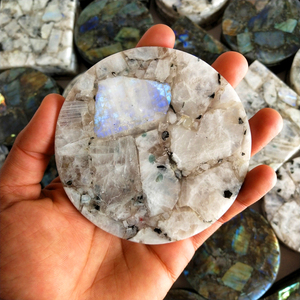 Labradorite & Rainbow moonstone 4inches square, round shape <b>coasters</b> handmade gemstone <b>table</b> <b>coasters</b> for home decor gift - Product Image 4