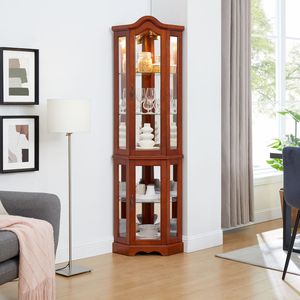 Vetrina Angolare in Noce con Ripiani in Vetro Temperato Regolabili, Specchio e Luci Posteriori Non Incluse, Vetrine e Armadietti per Porcellana - Product Image 4