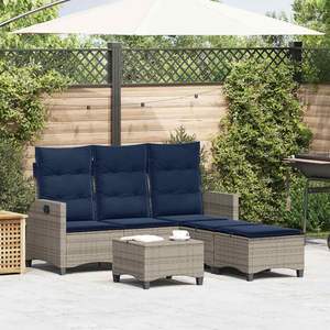 Conjunto de sofás de jardín con forma de L, ratán PE gris, cojines azul marino, muebles de patio - Product Image 1