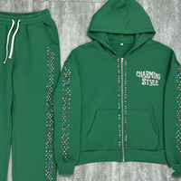 Ensemble de survêtement décontracté personnalisé avec fermeture éclair, effet vieilli, strass, 100 % coton, pantalon de survêtement ample et sweat à capuche, style streetwear, effet délavé