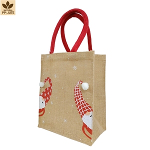 Sac fourre-tout en jute laminé imprimé avec logo personnalisé pour cadeaux de Noël 22,5x27,5x13cm, emballage réutilisable pour les fêtes, fournisseur en gros OEM ODM - Product Image 1